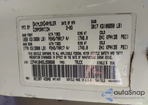 2003 Dodge Ram 1500 Slt/Laramie/St из США, поврежденный, VIN 1D7HA18N03J599606